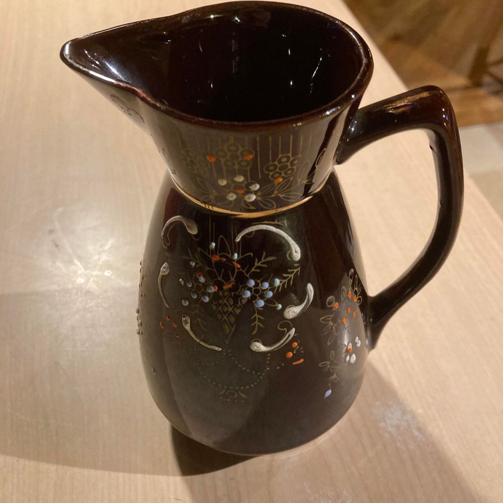 Vintage Japanese Redware Coffee Pot Brown Handpainted